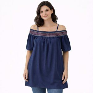 Navy Off Shoulder Smocked Tunic Top 3/4 Sleeve Embroidered Large Boho Blouse NWT